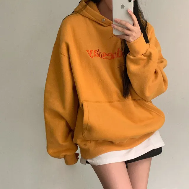 South Korea Chic Winter Student Loose Embroidery Hooded Fleece Lined Sweater Yellow - Shop at LoveMi