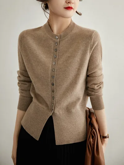 Women's Knitted Cardigan For Autumn And Winter Chanel Style Sweater Camel - Shop at LoveMi