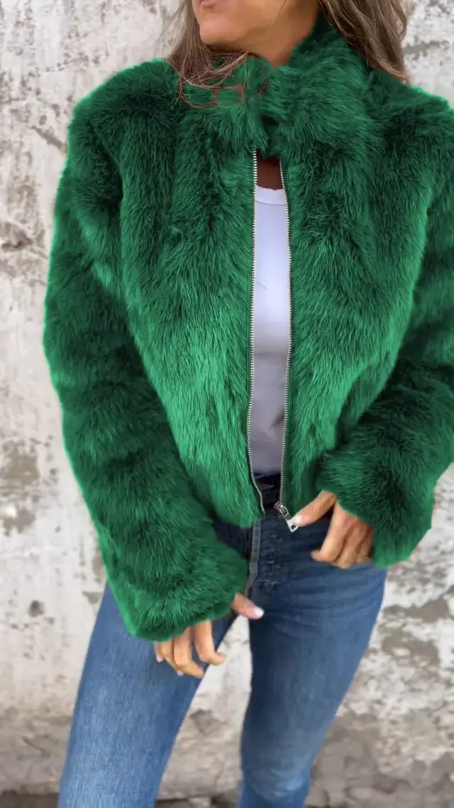 Fashion Stand Collar Plush Jacket Winter Casual Turtleneck Zipper Coat Fleece Tops Women's Clothing Green - Shop at LoveMi