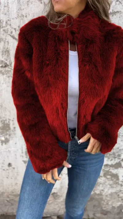 Fashion Stand Collar Plush Jacket Winter Casual Turtleneck Zipper Coat Fleece Tops Women's Clothing Red - Shop at LoveMi