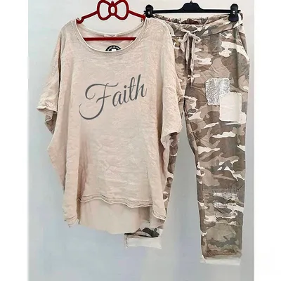 Casual Suit Women's Cotton And Linen Heat Transfer Patch Top Camouflage Printing Sweatpants Belief Horizontal Plate 5Xl - Shop at LoveMi