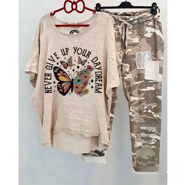 Casual Suit Women's Cotton And Linen Heat Transfer Patch Top Camouflage Printing Sweatpants Butterfly - Shop at LoveMi