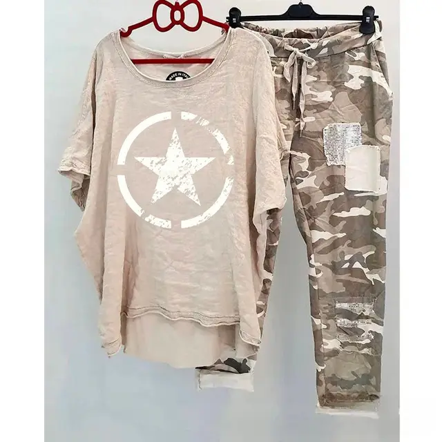 Casual Suit Women's Cotton And Linen Heat Transfer Patch Top Camouflage Printing Sweatpants Five Stars - Shop at LoveMi