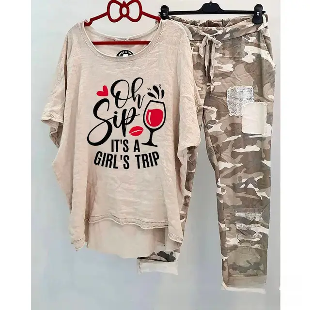 Casual Suit Women's Cotton And Linen Heat Transfer Patch Top Camouflage Printing Sweatpants Girl'S Journey Wine Glass - Shop at LoveMi