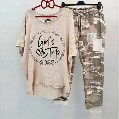 Casual Suit Women's Cotton And Linen Heat Transfer Patch Top Camouflage Printing Sweatpants Girl Travel 3Xl - Shop at LoveMi