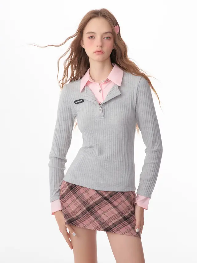 American style Retro Design Bell Sleeve Fake Two piece Top Grey - Shop at LoveMi