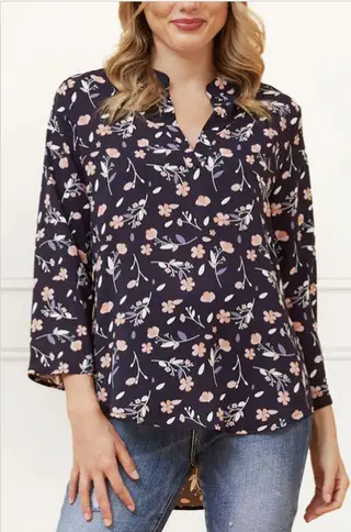 Casual Top Printed V-neck Nine-quarter Sleeve Women's T-shirt - Dark Blue