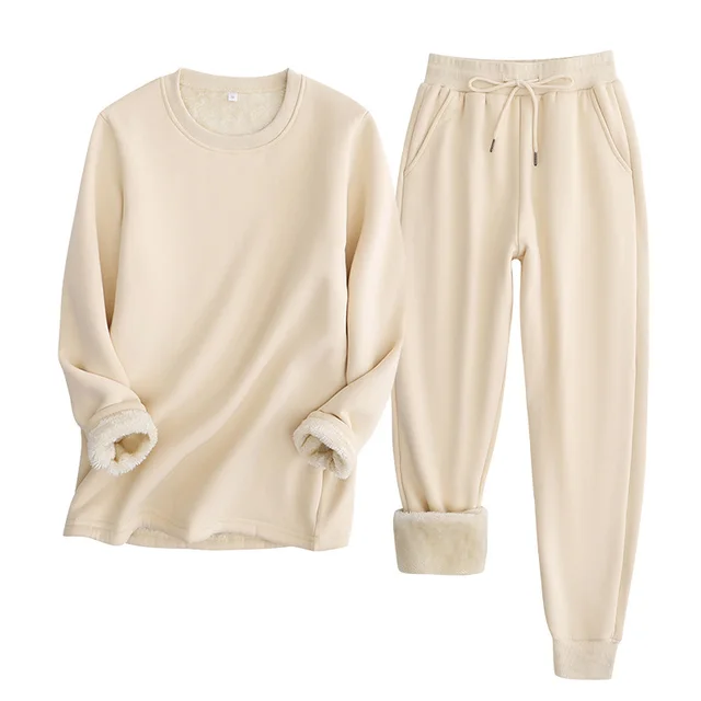 Sweatshirt And Sweatpants Suit European And American Lambswool Apricot - Shop at LoveMi