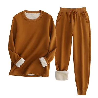 Sweatshirt And Sweatpants Suit European And American Lambswool Caramel Color L - Shop at LoveMi