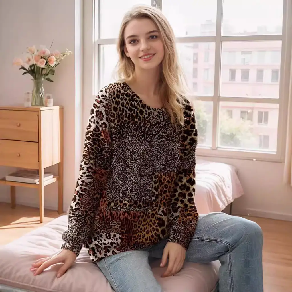 Animal Pattern Long Sleeve Pullover Round-neck Shirt - Color