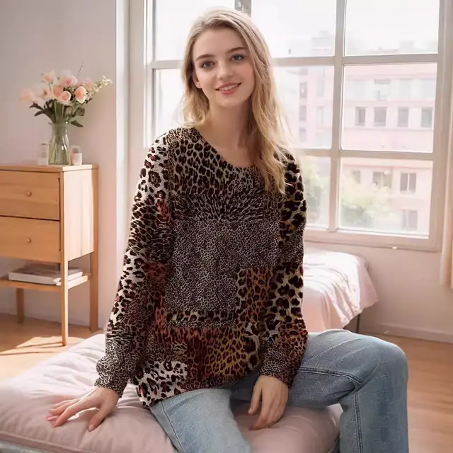 Animal Pattern Long Sleeve Pullover Round neck Shirt Color - Shop at LoveMi