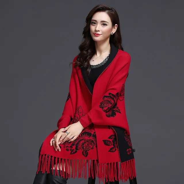 Mid length Tassels Loose fitting Knitted Cardigan Thickened Sweater Cashmere Outerwear Red - Shop at LoveMi