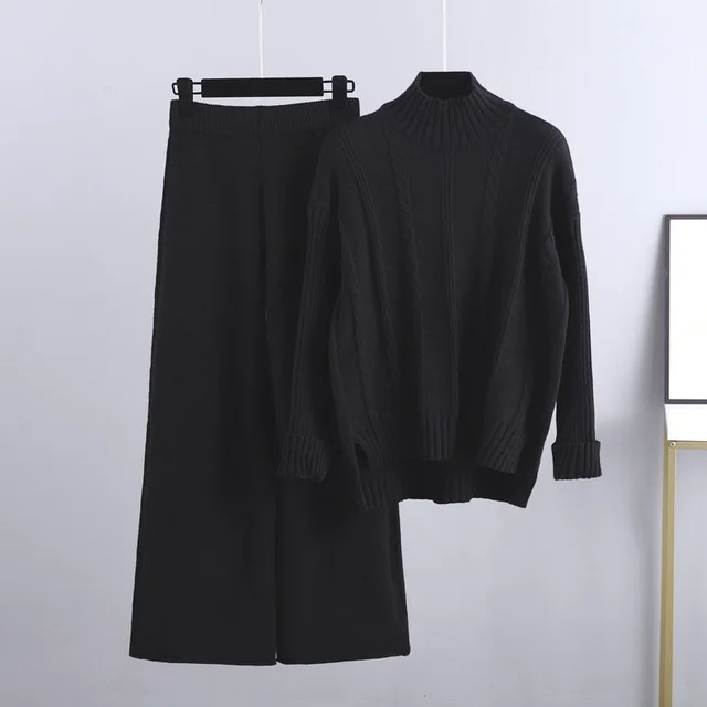 High end Mock Neck Sweater Wide leg Pants Suit Women Black - Shop at LoveMi