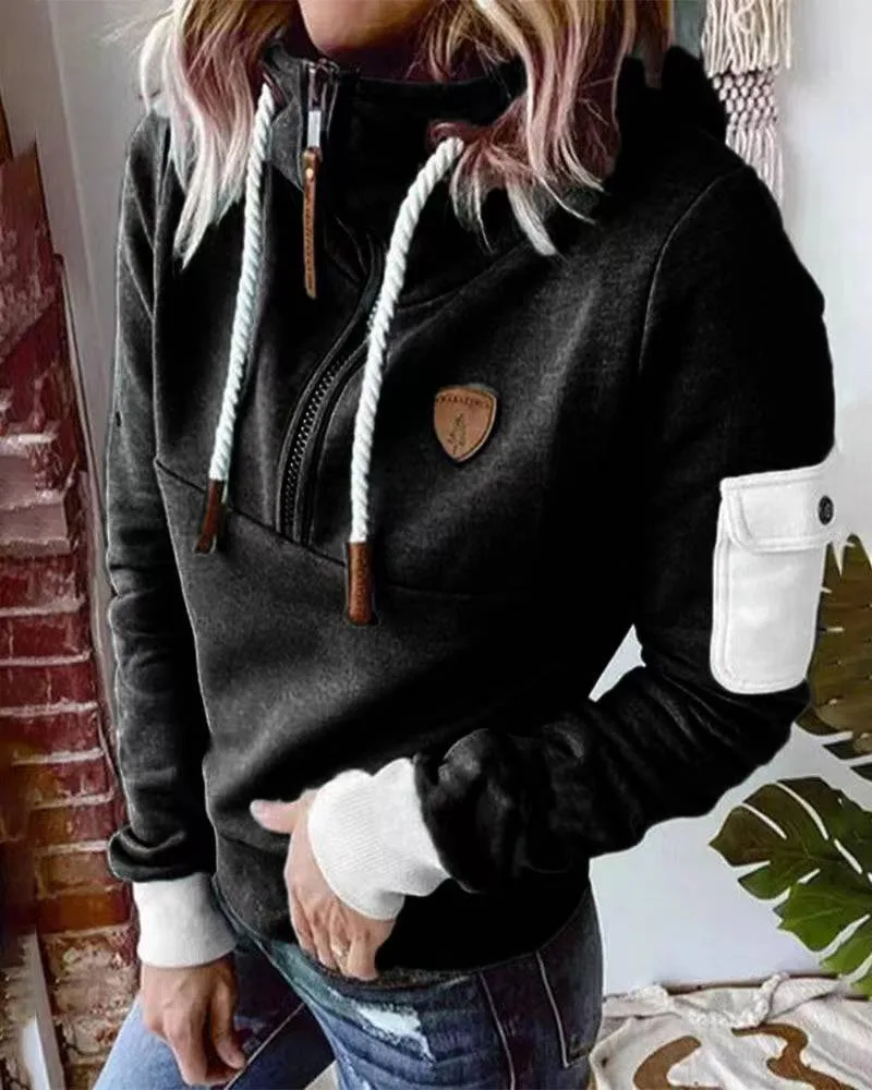 Half Zipper Patchwork Sweater Women - Black