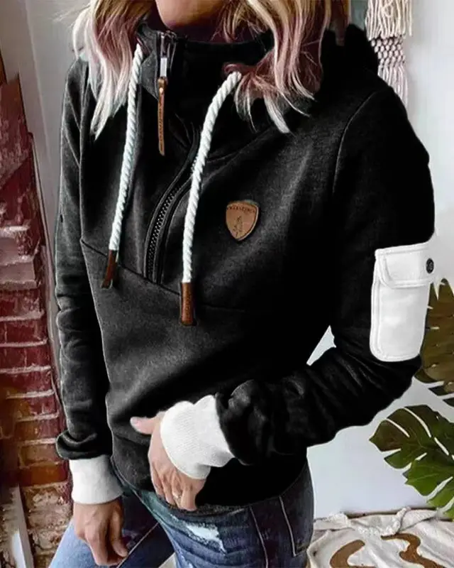 Half Zipper Patchwork Sweater Women Black - Shop at LoveMi