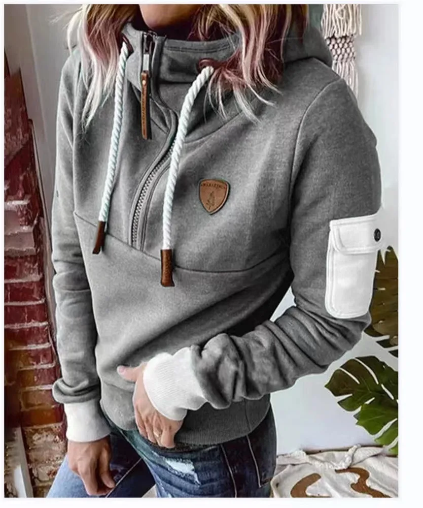 Half Zipper Patchwork Sweater Women - Grey