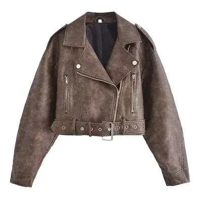 Washed Leather Motorcycle Jacket Women Brown - Shop at LoveMi