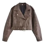 Washed Leather Motorcycle Jacket Women - Brown
