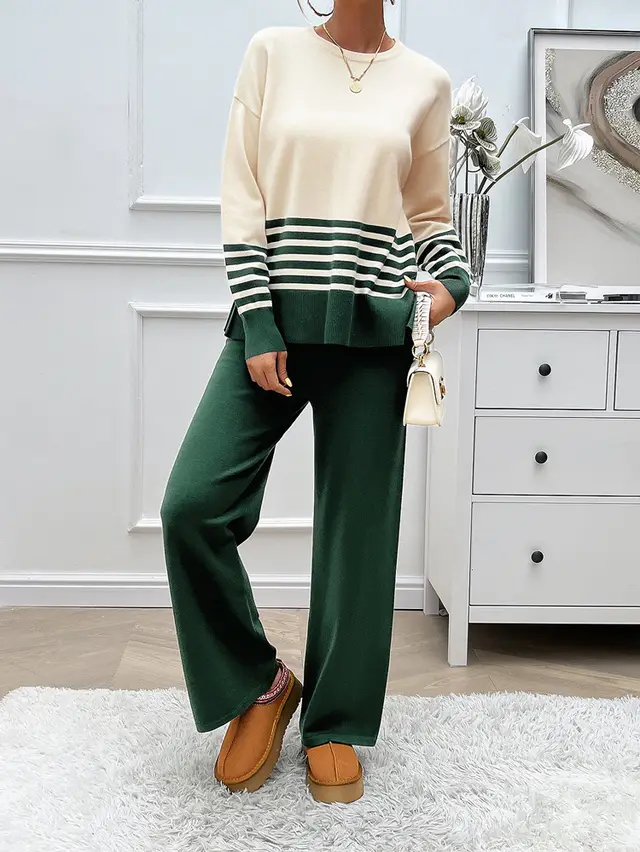 Contrast Color Straight leg Trousers Sweater Suit Green - Shop at LoveMi