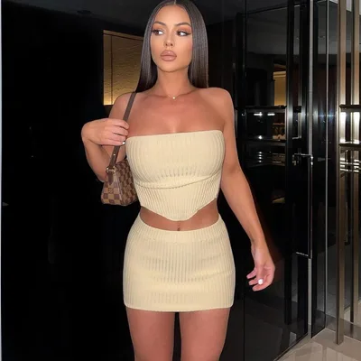 Sexy Suit Knitted Navel Tube Top Hip Skirt Khaki - Shop at LoveMi