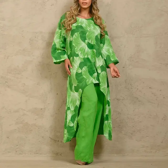 Loose Plus Size Print Irregular Top Suit Grass Green - Shop at LoveMi