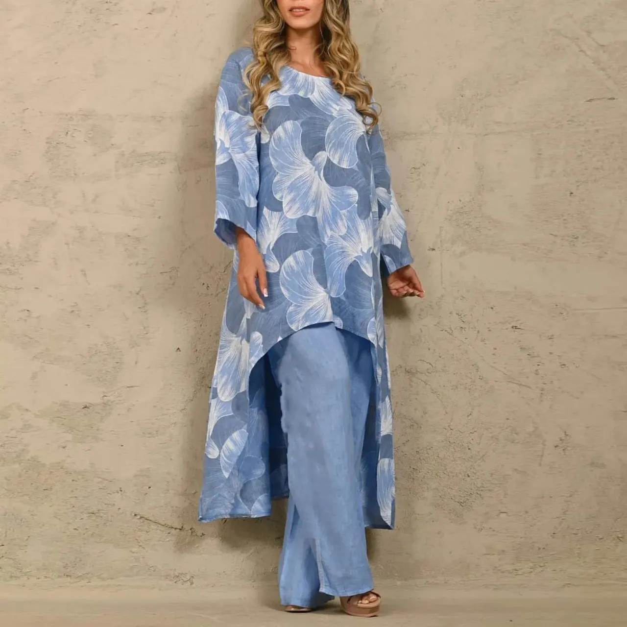 Loose Plus Size Print Irregular Top Suit - Sapphire Blue