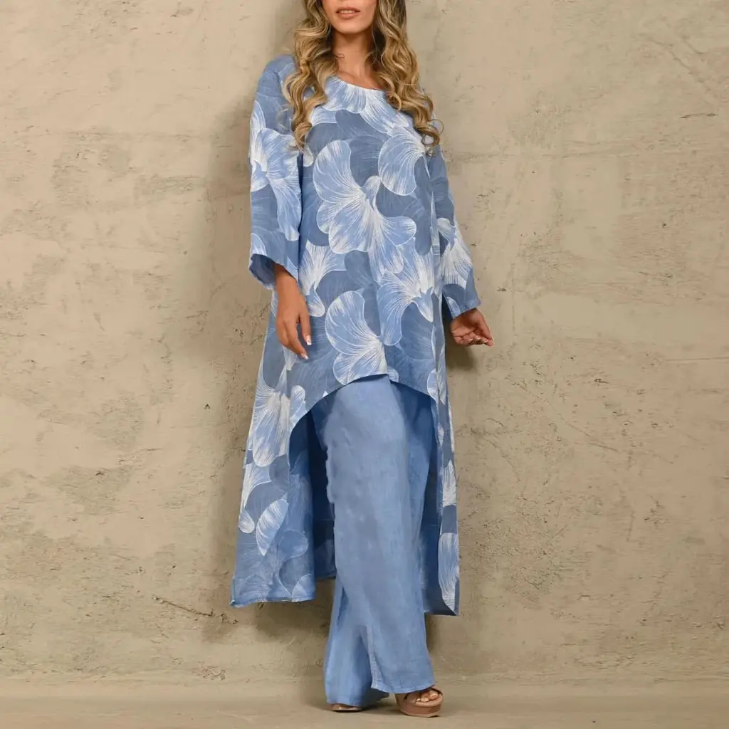 Loose Plus Size Print Irregular Top Suit - Sapphire Blue