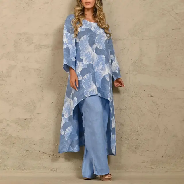 Loose Plus Size Print Irregular Top Suit Sapphire Blue - Shop at LoveMi