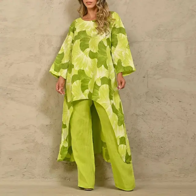 Loose Plus Size Print Irregular Top Suit Yellow Green - Shop at LoveMi