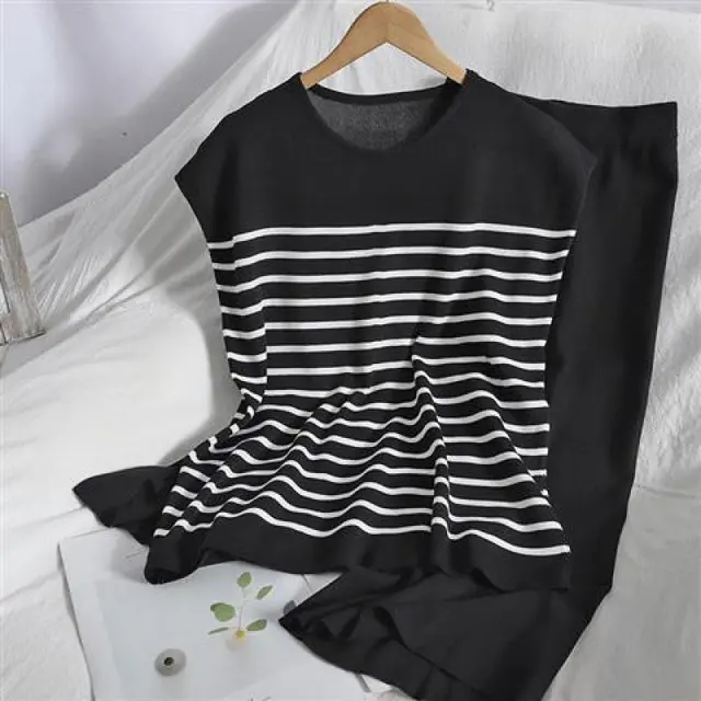 Women's Ice Silk Stripes Pullover Top Slimming Wide Leg Pants Knit Two piece Suit Black - Shop at LoveMi
