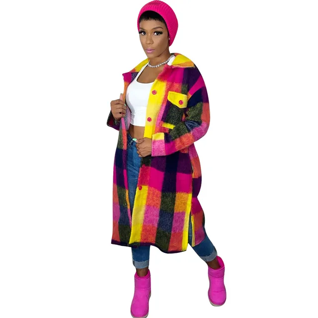 Fashion Printed Plaid Winter Mid length Coat Rose Red - Shop at LoveMi