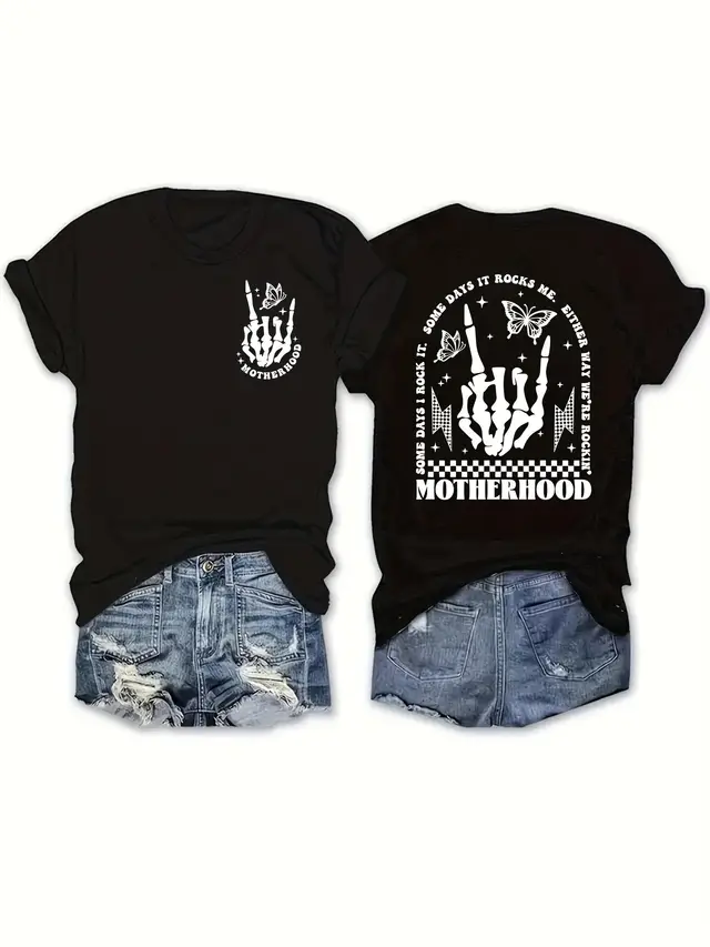 Women's Round Neck Print T shirt Short sleeved Top Black - Shop at LoveMi