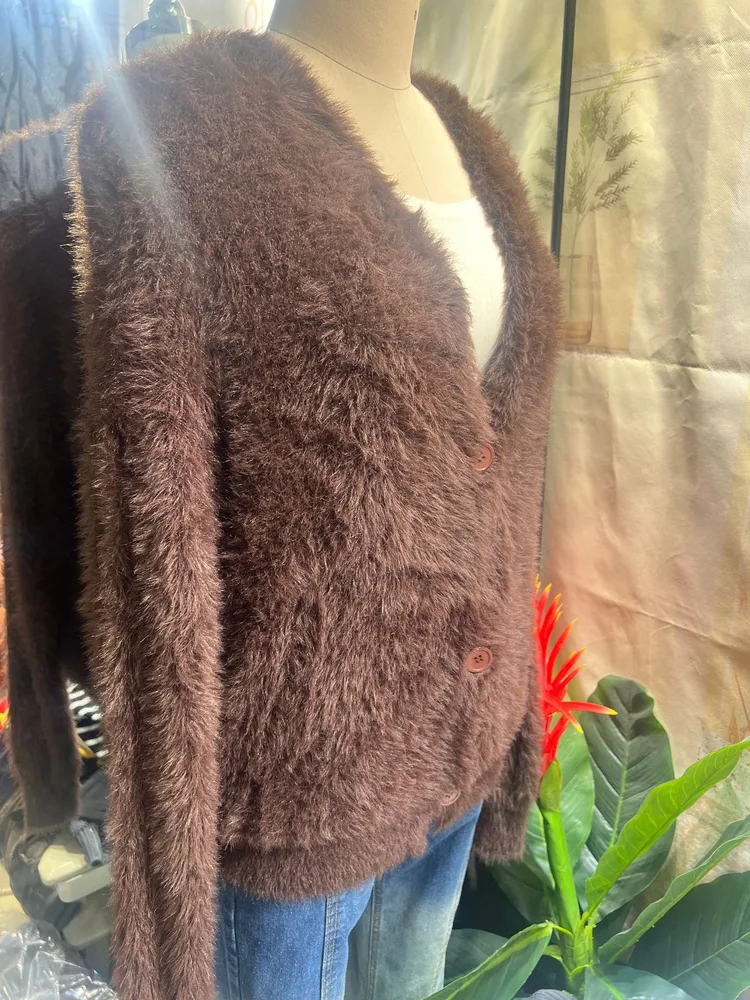 Mink Velvet V neck Knitted Sweater Women's Loose Solid Color Brown - Shop at LoveMi