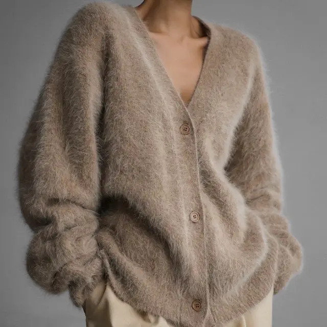 Mink Velvet V neck Knitted Sweater Women's Loose Solid Color Camel - Shop at LoveMi