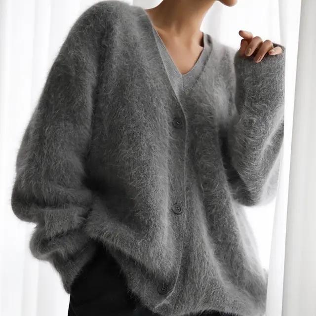 Mink Velvet V neck Knitted Sweater Women's Loose Solid Color Dark Gray - Shop at LoveMi