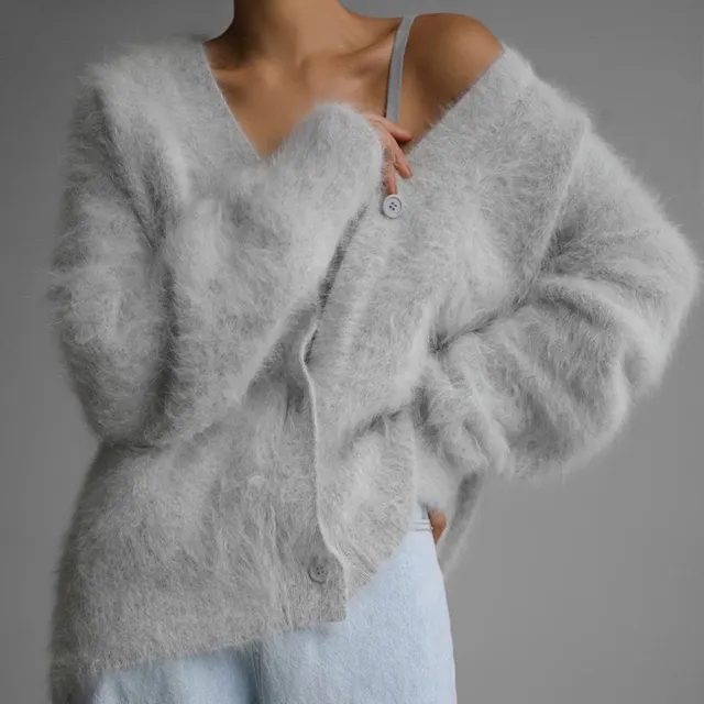 Mink Velvet V neck Knitted Sweater Women's Loose Solid Color Light Gray - Shop at LoveMi