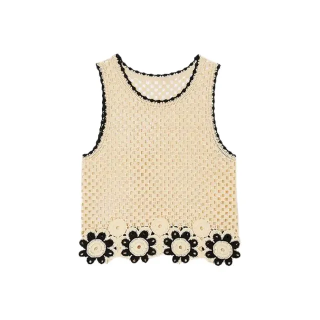Knitted Pure Hand Crocheting Flower Square Wide leg Pants Suit Top - Shop at LoveMi