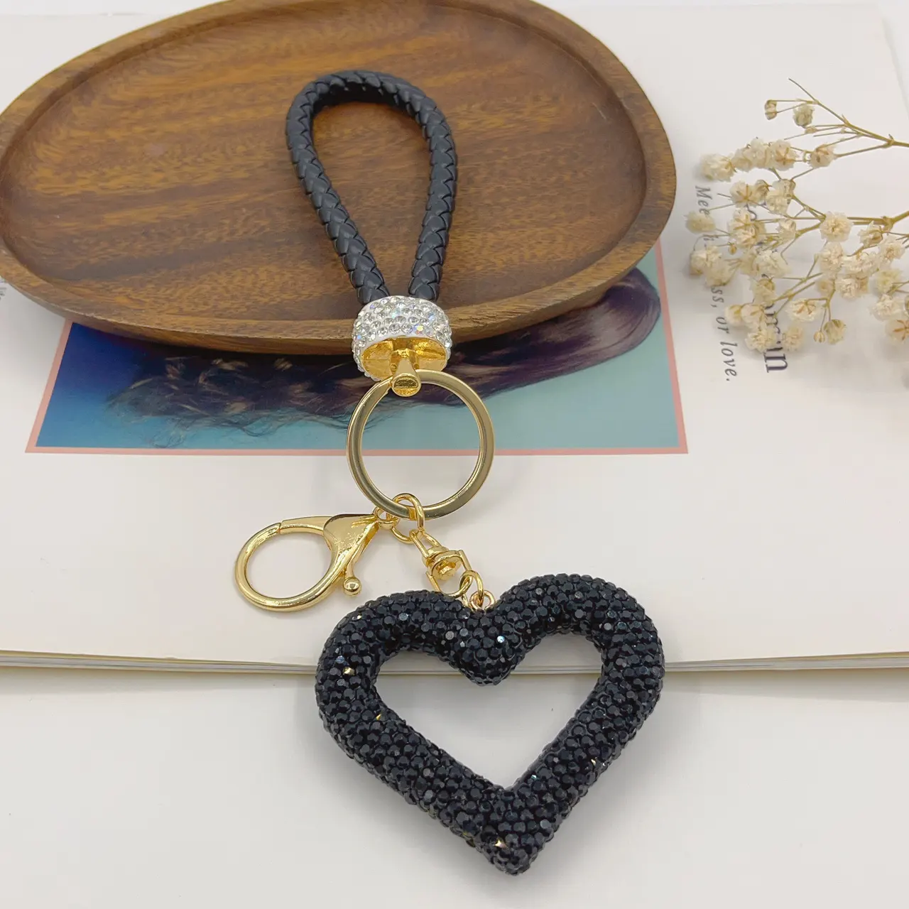 Polymer Clay Leather Rope Hollow Heart Keychain Cute High-end Bags Pendant Finished DIY Creative Small Pendant - Black Heart