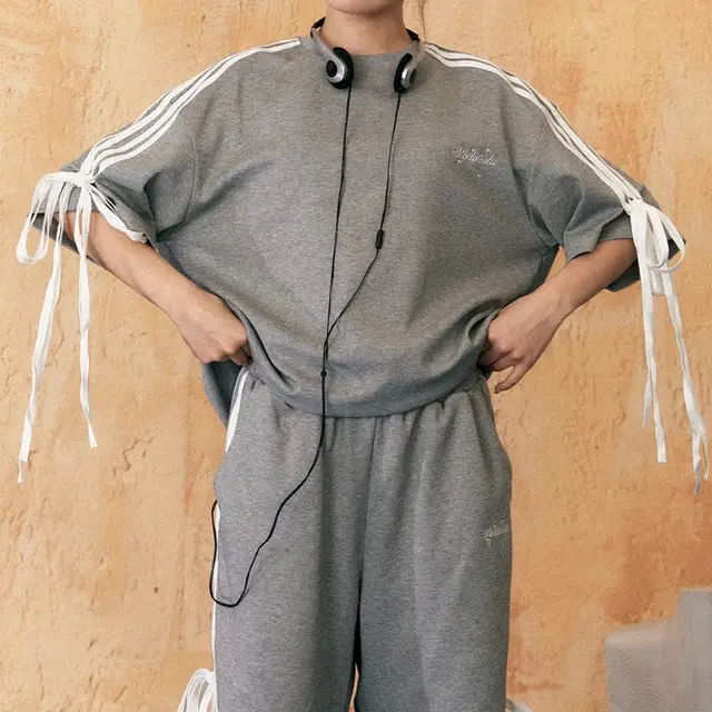 Loose Leisure Sports Suit Patchwork Stripes Shorts Cropped Pants Two piece Set Grey Top - Shop at LoveMi
