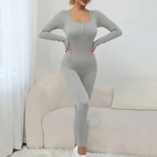 Square Collar Long Sleeve Thread Seamless Yoga Bodysuit Light Gray - Shop at LoveMi
