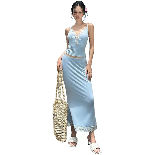 Women's Summer Lace Camisole Sheath Fish Skirt Suit Blue - Shop at LoveMi