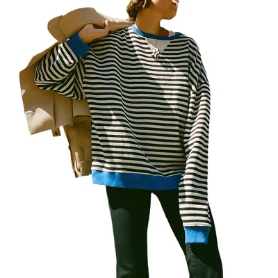 Autumn And Winter New Series Fashion Striped Loose Multicolor Sweater Black - Shop at LoveMi