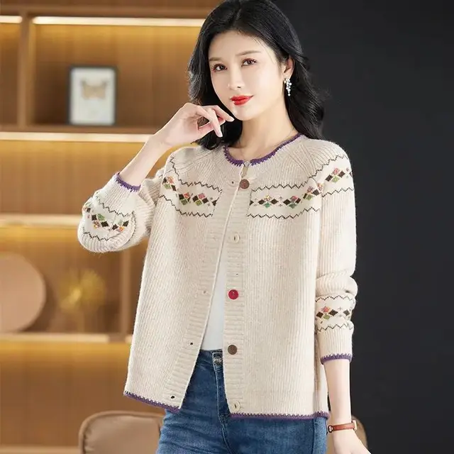 Round Neck Wool Cardigan Coat For Women Beige - Shop at LoveMi