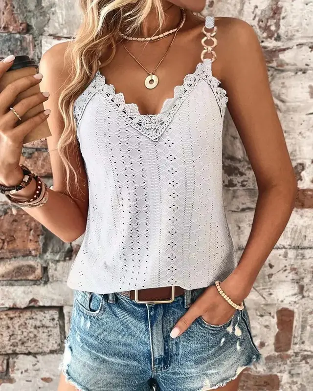 Solid Color Hollow Lace Lace Camisole T shirt Vest White - Shop at LoveMi