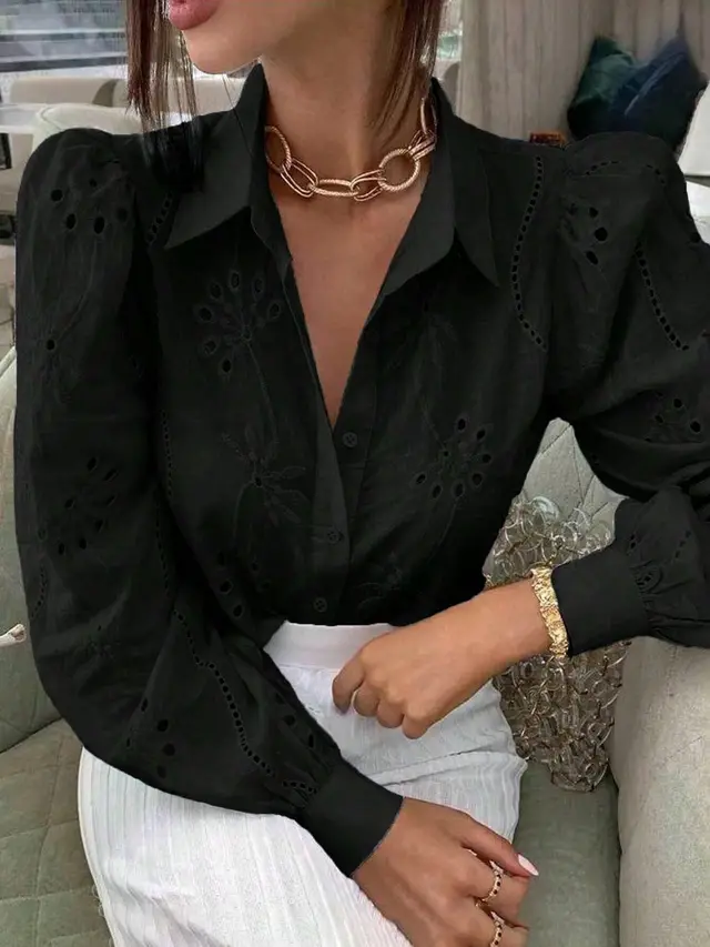 Women's Single breasted Solid Color Embroidered Long sleeved Lapel Shirt Black - Shop at LoveMi