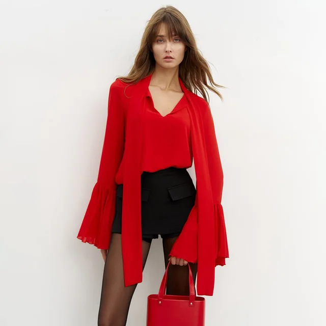 Solid Color Flared Long Sleeve V neck Lace up Micro Transparent Elegant Shirt Red - Shop at LoveMi