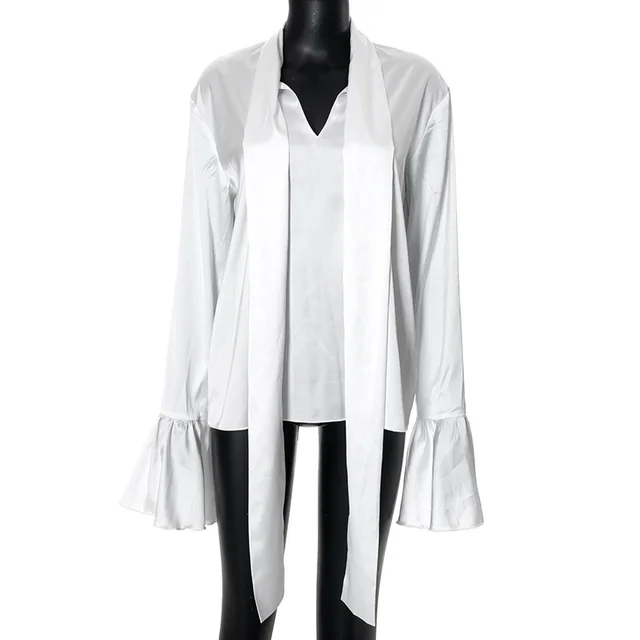 Solid Color Flared Long Sleeve V neck Lace up Micro Transparent Elegant Shirt White - Shop at LoveMi
