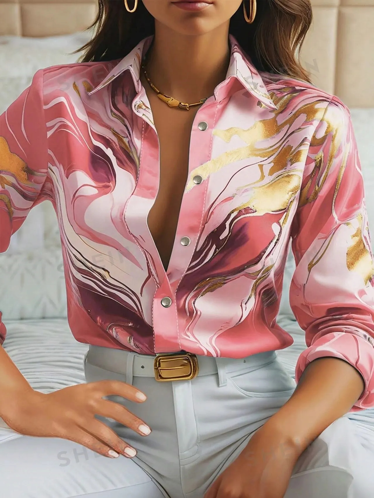 Spring And Autumn New Long Sleeve Lapel Loose Button Shirt - Peach