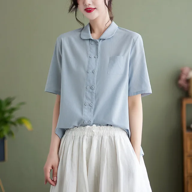 Summer New Artistic Loose Solid Color Retro Short Sleeve Shirt Top Women Blue - Shop at LoveMi
