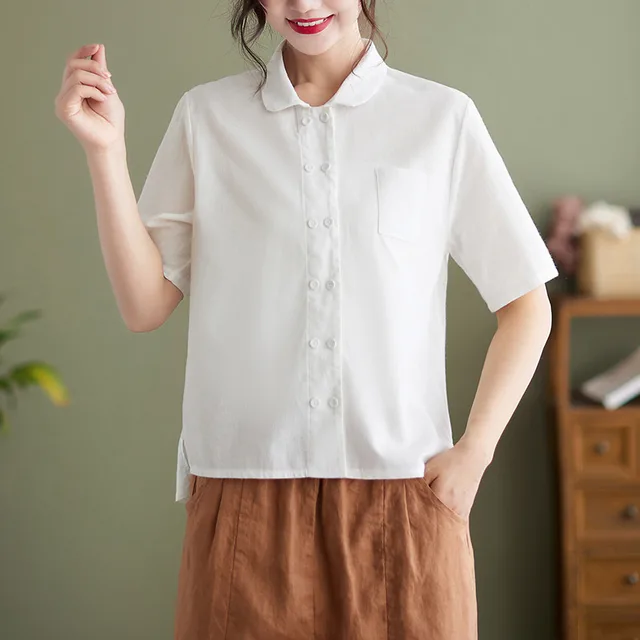 Summer New Artistic Loose Solid Color Retro Short Sleeve Shirt Top Women White - Shop at LoveMi